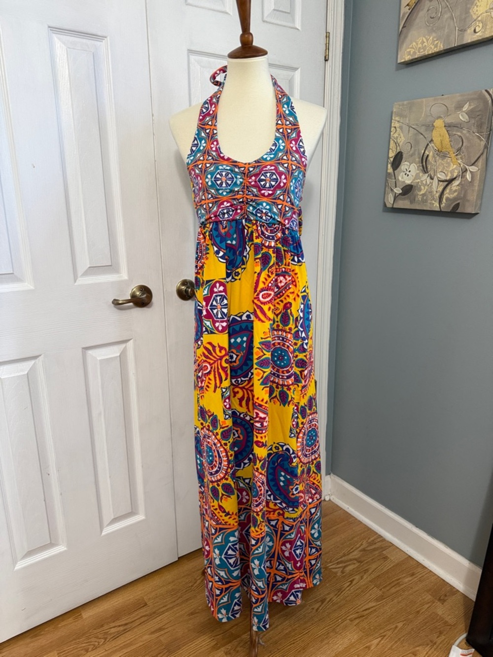Tracy Negoshian  Boho Halter Maxi Dress - Yellow Multi. Size Small